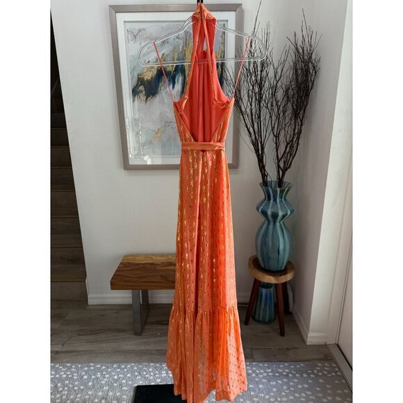 NWT RAMY BROOK Halter Kenza Orange Metallic Silk Maxi Dress, Ruffle Hem XXS‎ - Picture 12 of 12